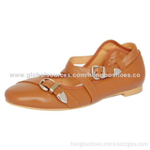 Flat casual leather shoes, dress ankle strap, rubber outsole, comfortable insole